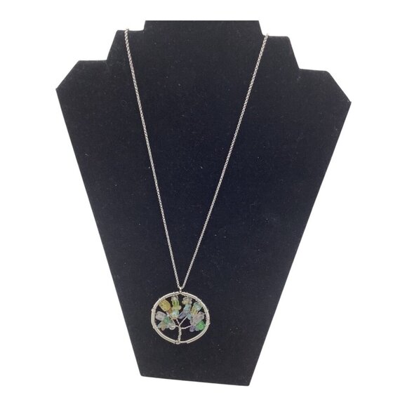 Tree Of Life Necklace With Natural Gemstones Rainbow Chain Circle Pendant - Picture 2 of 10